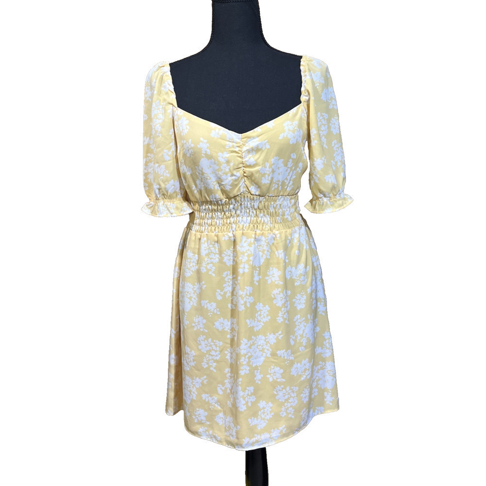 Abercrombie & Fitch Babydoll Dress Smocked Yellow Floral Size M Y2K Cottagecore